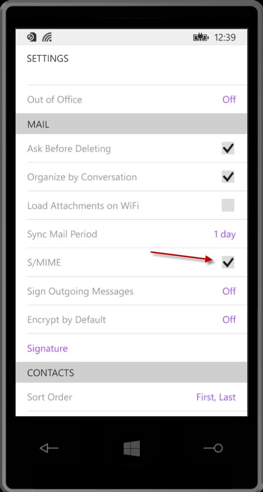 6. To sign email messages sent by WorxMail, tap Sign
