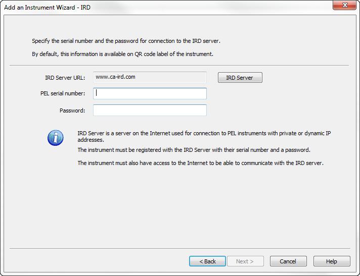 Connecting an Instrument via IRD Server When setting up a connection to a PEL 105 instrument in the Control Panel via Instrument -> Add an Instrument, users have the option of choosing IRD server as
