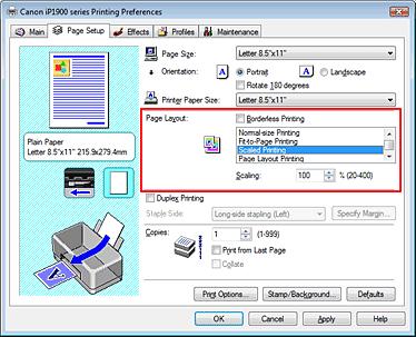 enlarged or reduced is as follows: 1. Open the printer driver setup window 2. Set scaled printing Select Scaled Printing from the Page Layout list on the Page Setup tab. 3.