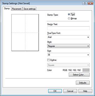 Saving a Stamp Setting Стр. 204 из 334 стр. 4. Configure the stamp while viewing the preview window Stamp tab Select Text or Bitmap with Stamp Type.