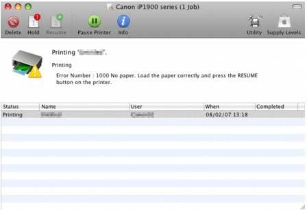 When an error occurs in printing such as the printer is out of paper or