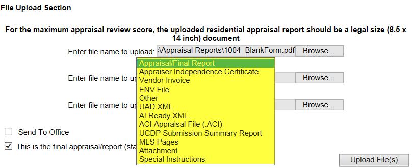 To change the File Type Description, click on the drop-down menu, and select the most appropriate option. The checkbox for This is the final appraisal/report option will always be selected by default.