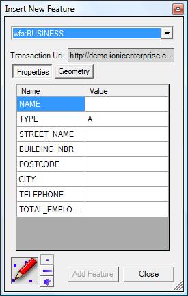 Dialog title describes the current tool functionality. Select the feature layer to perform the insert on. The target WFS-T information (more info as a tooltip). Select Properties or Geometry view.