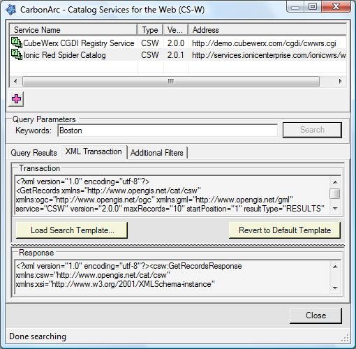 Step 2 Searching the Catalog. In the Catalog search dialog, select the service to query. Note that the selection will start a service Capabilities reading and parsing in the background.