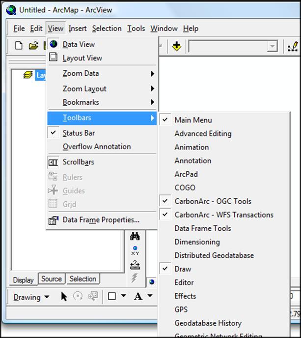 2.3. Enabling the CarbonArc Toolbars Once CarbonArc PRO is successfully installed the tools and toolbars should be available in the ArcMap toolset.