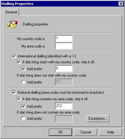 Screenshot 97 - Dialing options First, you must enter your country code and area code. The country code must be entered without the dial prefix.