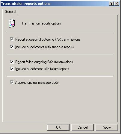 Screenshot 99 - Transmission report options Report successful outgoing FAX transmissions: Tick this option if you want GFI FAXmaker to send a transmission report if a fax is sent successfully.