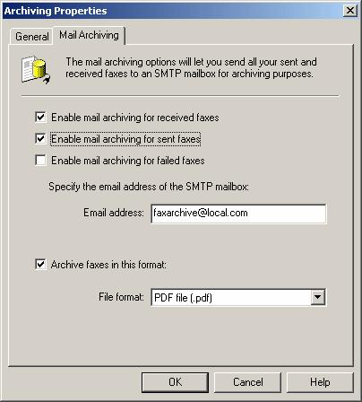 Screenshot 110 - Archiving to an email archiving package 1. In the GFI FAXmaker configuration, right-click on the archiving node and select properties. This brings up the Archiving properties dialog.