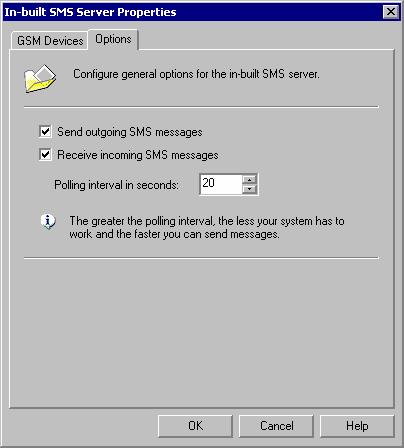 Screenshot 138 - In-built SMS Server Options 5. Once the mobile is set up, the "In-built SMS Server Properties" dialog will be displayed.