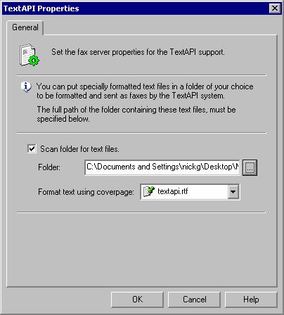 Screenshot 145 - The text api properties 2. Now enable Scan folder for text files and enter the folder name in which all files (to be faxed out) will be saved. 3.