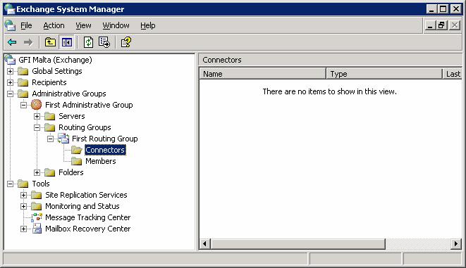 The Exchange server must be configured to forward all mails sent to the faxmaker.com and smsmaker.com domains and the fax: address space to the GFI FAXmaker server.