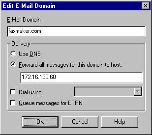 Select the Forward all messages for this domain to host option and in the edit box underneath it enter the IP address for the machine hosting the GFI FAXmaker fax server. Click OK.