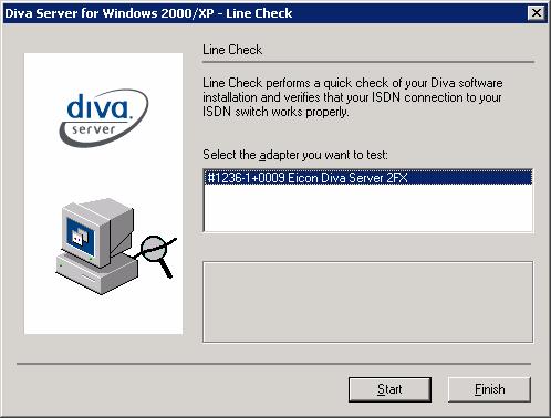 Screenshot 6 - Diva Server Line Check: Test the ISDN service using this utility from the start menu. After running the Eicon Diva Server Configuration wizard you should restart the server.