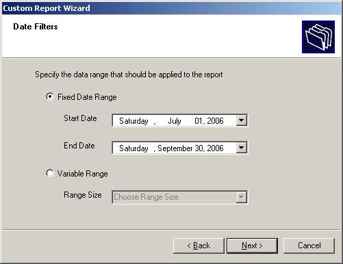 When you select a variable date range, the data included in the custom report will vary depending on when the report is generated. Click Next to continue. Screenshot 198 Selecting the date range 6.
