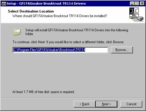 Screenshot 16 - Define the TR114 driver's installation path 6. At this stage, you will be prompted to specify the location where you want to install the TR114 drivers.