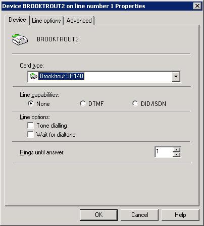 Screenshot 65 - Brooktrout device options 7. Select the correct line capabilities option for your card. For ISDN DID fax routing choose DID/ISDN. For Analogue DTMF routing choose DTMF. 8.