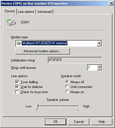 Screenshot 67 - The modem device tab 4. The device/line properties dialog appears.