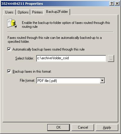 Screenshot 73 - Setting up the Backup2Folder feature Using this feature, each fax received will have a time-stamped file name which is used for all backed-up files related to the particular received