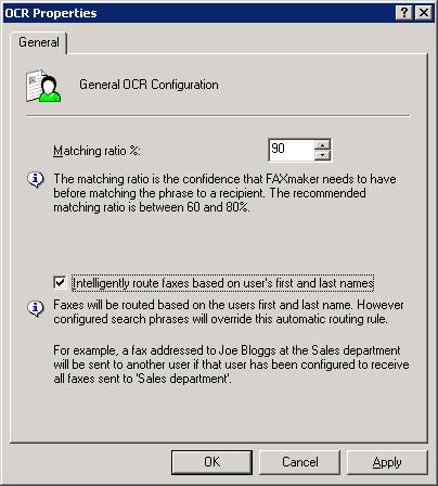Screenshot 80 - General OCR Configuration - Specifying matching ratio and intelligent routing option Matching ratio: The matching ratio is the confidence that GFI FAXmaker needs to have before