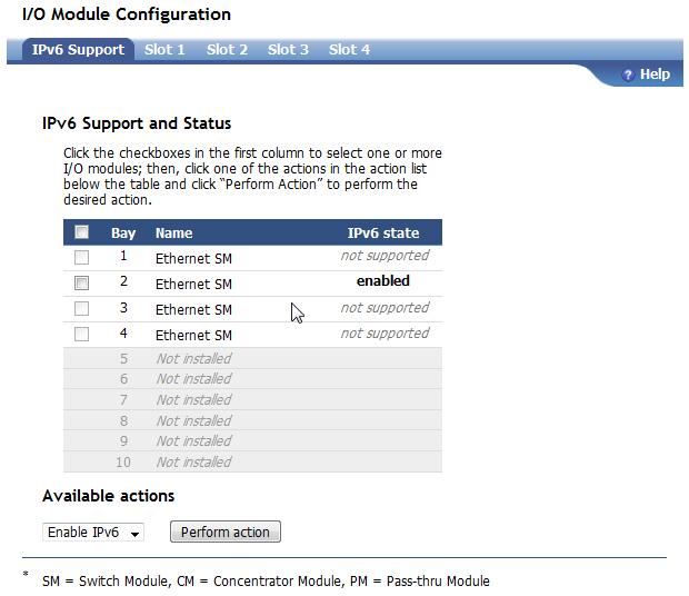 The I/O Module Configuration page initially displays the IP6 support tab where you can iew and change the IP6 support state for each I/O module.