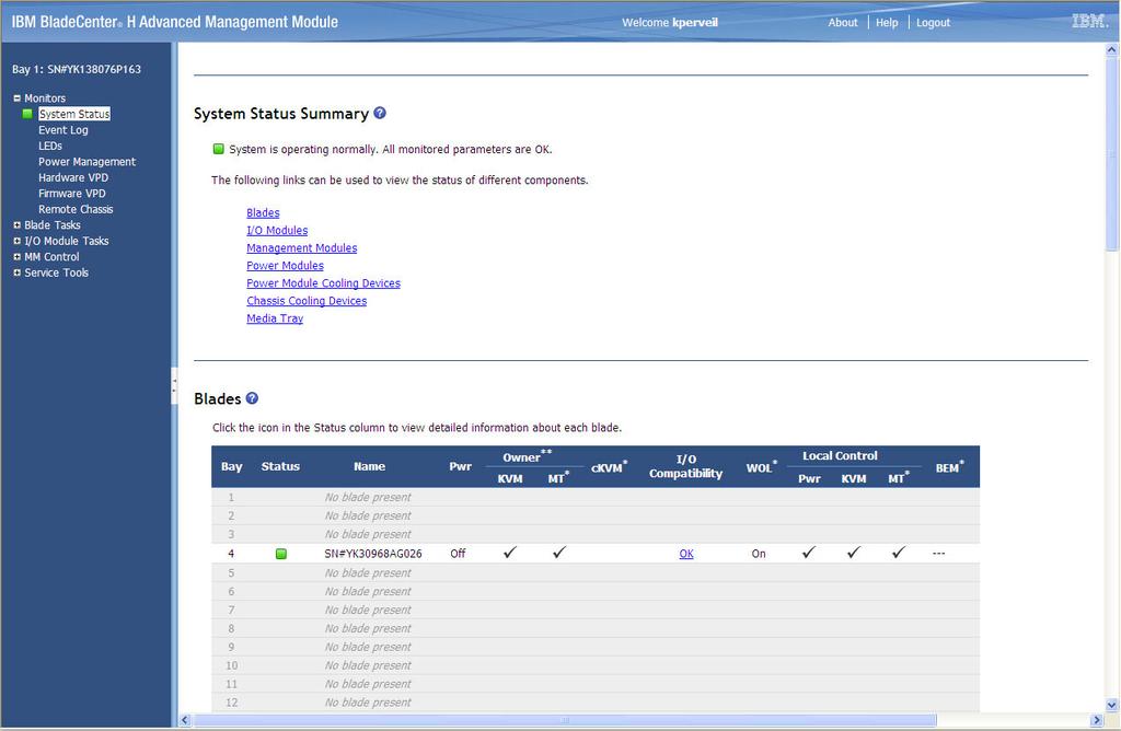 The top of the management-module web-interface page shows the type of management module that you are logged in to.