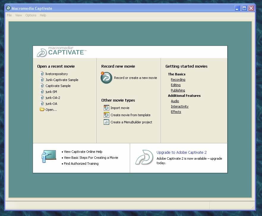 When you open Captivate, you will see a start-up screen with several options Open Recent Projects, Record a New Movie,