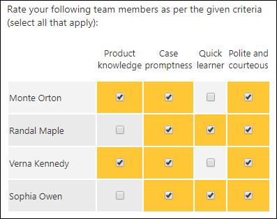 Multiple ratings in columns List of questions that ask a respondent to select multiple answers from a column of choices.