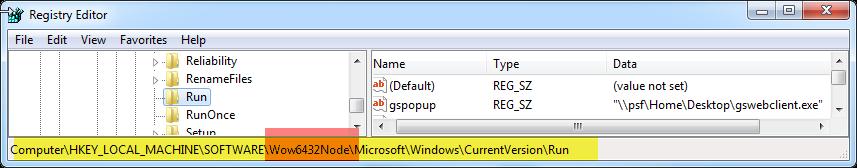 Auto-start at Login Under Windows 32 bit the Auto-Start at Login is created under: HIKEY_LOCAL_MACHINE\SOFTWARE\Microsoft\Windows\CurrentVersion\Run Under Window 7