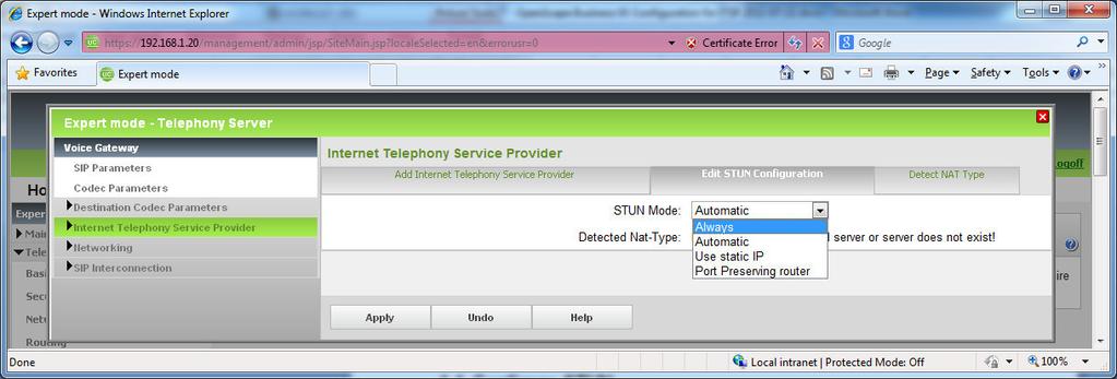 4.4. Configure STUN Go to: "Expert Mode > Voice Gateway > Internet Telephony Service Provider > Edit STUN Configuration" Notes on setting STUN mode: The necessary STUN mode depends on ITSP