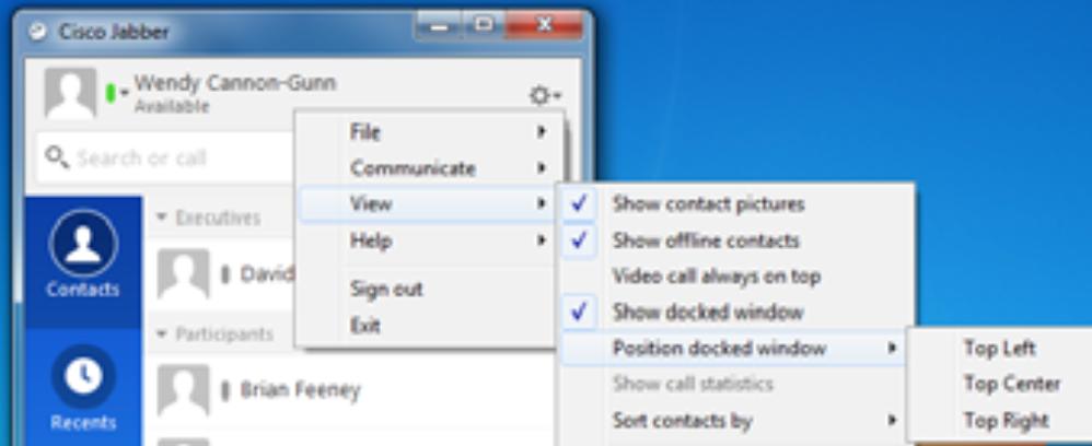 Dock Jabber For a more compact view, Jabber can be Docked at the top-center of your monitor. The Dock icon can be moved by clicking and holding your mouse to reposition.