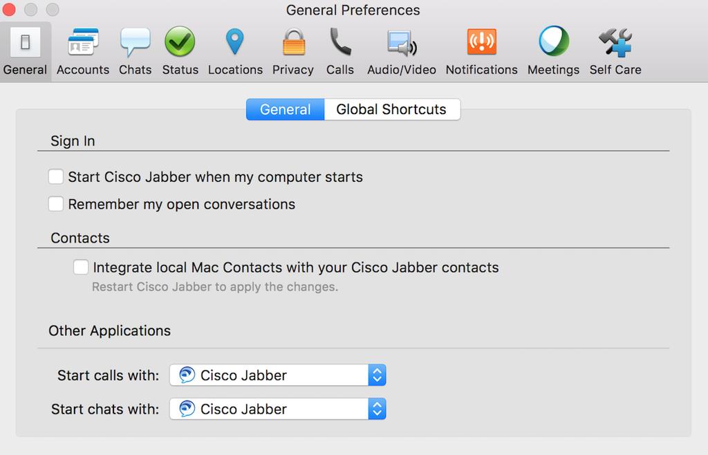 Preferences Click Jabber>Preferences>General Modify start-up