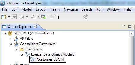 5. In the New Logical Data Object Model screen, enter Customer_LDOM in the Name field. The Location field displays the location of the Customers folder. Click Finish.