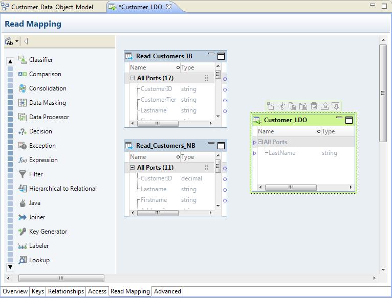 The following image shows the Customer_IB, Customer_NB, Customer_LDO data objects in the Read Mapping tab. 5.