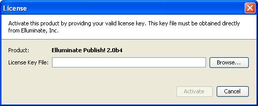 Elluminate Publish! version 2.0 2. Select and activate your license key file in one of the following ways: Browse to the file and click on Activate.