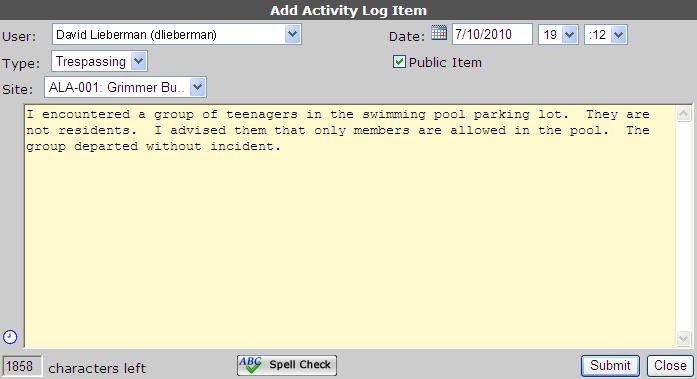 Adding a Log Item Click the Add Log button to add an item to the daily activity