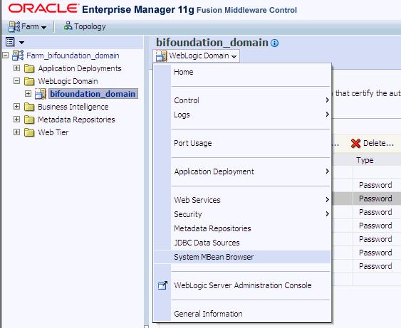 Configuring the OBIEE Repository and Webcatalog Figure 2 3 The WebLogic Domain Drop-down List 5. Navigate to the MBean Application Defined MBeans -> oracle.biee.