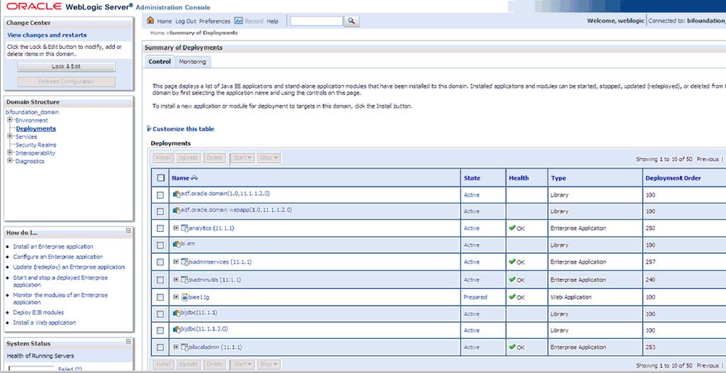 Configuring the OBIEE Help files 4. Navigate to Deployments. 5.