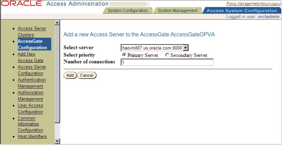 Configuring SSO Using Oracle Access Manager Figure 2 11 The Access System Configuration: Access Gate Configuration Screen Note: The access servers in this list will appear based on the access servers