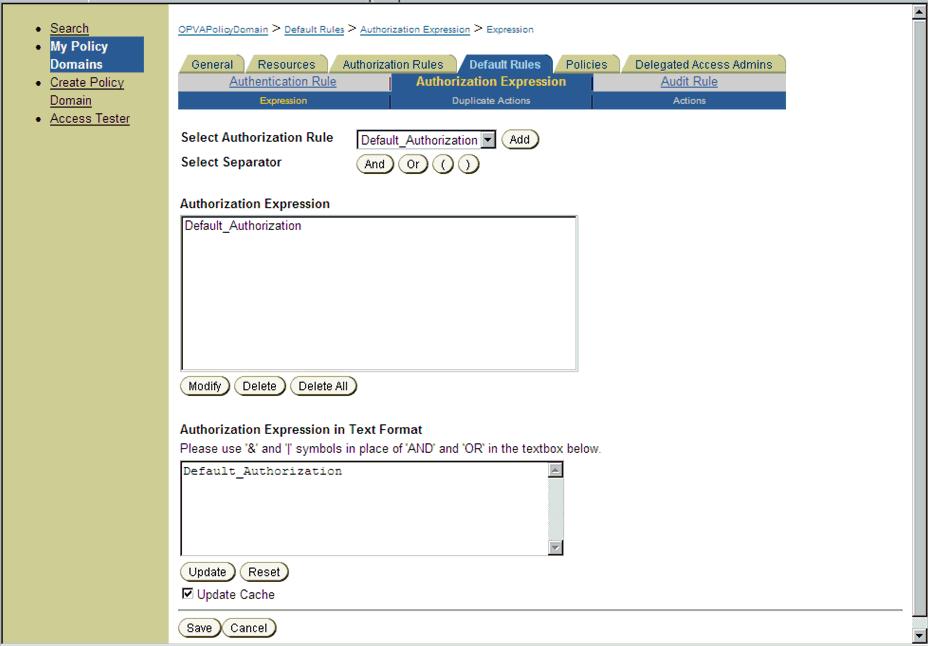 Actions sub-tab Choose Authorization Expression tab and click on Add to add an entry per the details given here in the