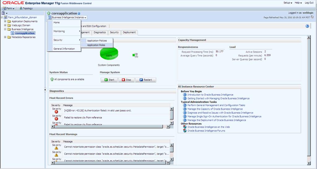 Start a new browser window for the Enterprise Manager for Fusion Middleware Control and navigate to the Business Intelligence -> coreapplication overview page as shown here: Figure