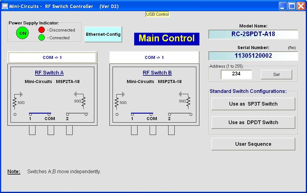 Configuration A: 2 SPDT switches Power handling is specified with RF applied to the COM port and output load connected to either 1 or 2 of the respective switch.