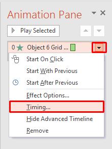 PowerPoint 2016 Advanced Page 101 This will display the Timing tab within the Fade dialog box.