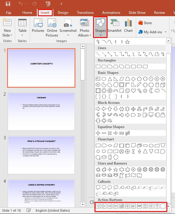 PowerPoint 2016 Advanced Page 105 Action Buttons in PowerPoint 2016 Action buttons - Linking to a different slide Open a presentation called Action Buttons 01. Display slide 1.