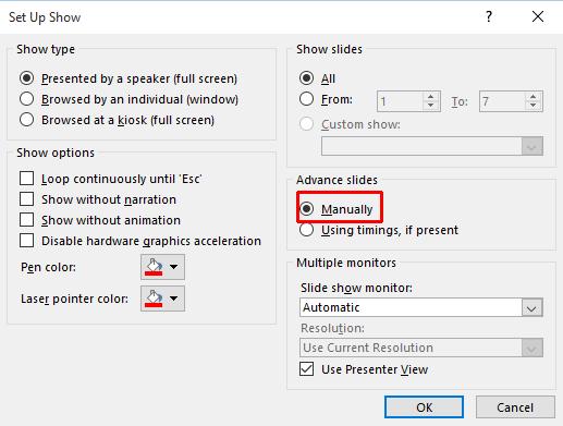 PowerPoint 2016 Advanced Page 11 This will display the Set Up Show dialog box.