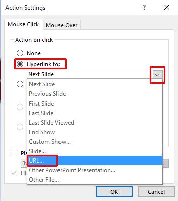 PowerPoint 2016 Advanced Page 113 The Hyperlink To URL dialog box is