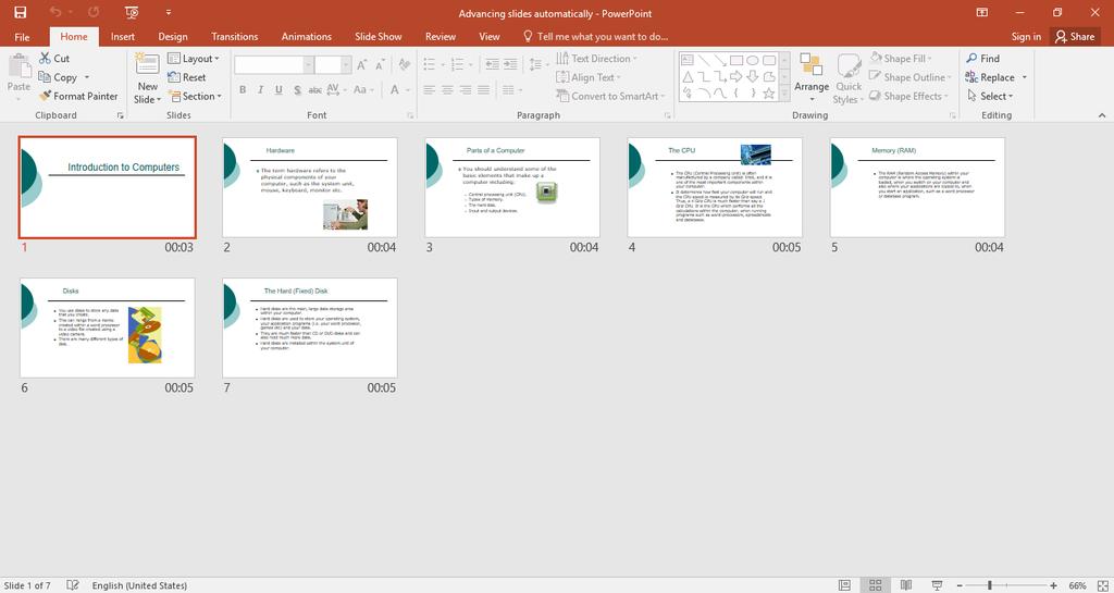 PowerPoint 2016 Advanced Page 12 Click on the Normal button at the bottom right of your screen to display the presentation within the Normal view.