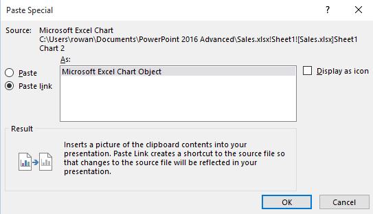 PowerPoint 2016 Advanced Page 123 The Excel chart will be displayed within your PowerPoint slide. If necessary drag one of the corners of the chart, to make it larger.