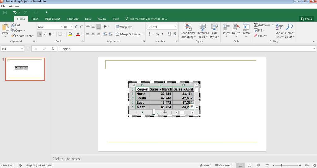 PowerPoint 2016 Advanced Page 129 NOTE: As the data within the PowerPoint slide is embedded, not linked, if you subsequently make any changes to the original data within the Excel workbook, these