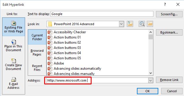 PowerPoint 2016 Advanced Page 132 Click on the OK button and the word Microsoft will now be a hyperlink. The hyperlink is normally displayed in a different colour and is underlined.