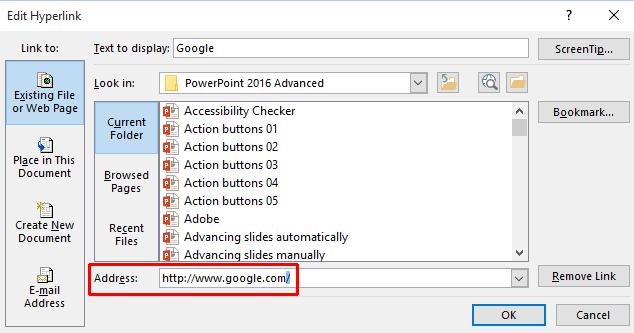 PowerPoint 2016 Advanced Page 133 Click on the OK button. Run the slide show and click on the modified hyperlink. You should see the Google page displayed within your web browser.